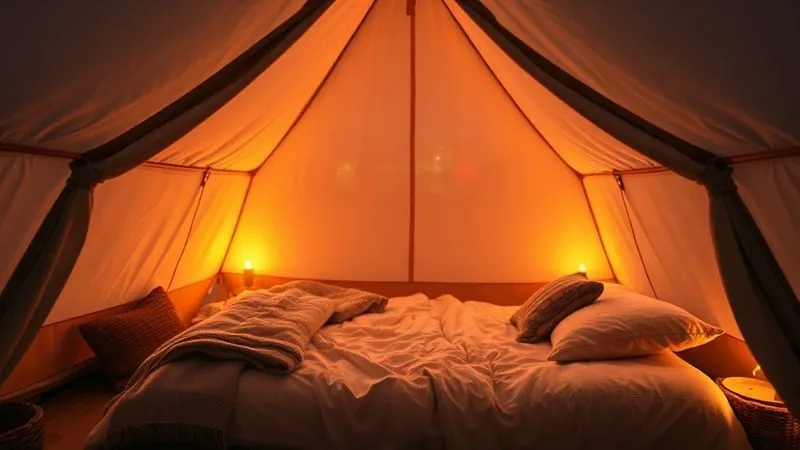 A photorealistic professional photography image of a cozy, well-lit glamping tent interior, complete with a comfortable bed, warm blankets, and subtle ambient lighting, suggesting a comfortable alternative to traditional hotels. Outside, the blurry lights of a festival are visible. Cinematic lighting, sharp focus on the tent interior, depth of field. 8K hyper-detailed, shot on a high-end DSLR. A photorealistic professional photography image of a cozy, well-lit glamping tent interior, complete with a comfortable bed, warm blankets, and subtle ambient lighting, suggesting a comfortable alternative to traditional hotels. Outside, the blurry lights of a festival are visible. Cinematic lighting, sharp focus on the tent interior, depth of field. 8K hyper-detailed, shot on a high-end DSLR.