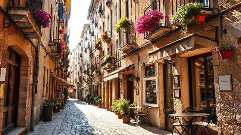 photorealistic, professional photography, 8K, cinematic lighting, sharp focus, depth of field, shot on a high-end DSLR. A narrow, cobblestone alleyway in a historic European city, bathed in warm afternoon sunlight, with colorful potted plants hanging from balconies and a small, inviting local cafe with outdoor seating. The scene should evoke a sense of charming discovery and quiet beauty, without any prominent tourist landmarks.