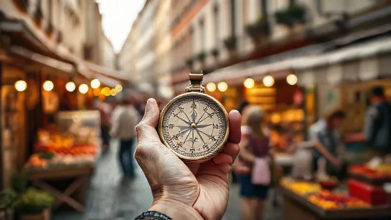 photorealistic, professional photography, 8K, cinematic lighting, sharp focus, depth of field, shot on a high-end DSLR, a hand holding a vintage compass, pointing towards a new, unexplored path on a blurred map of a European city, the background shows a bustling local market with street food and happy families, symbolizing an unexpected but joyful discovery. photorealistic, professional photography, 8K, cinematic lighting, sharp focus, depth of field, shot on a high-end DSLR, a hand holding a vintage compass, pointing towards a new, unexplored path on a blurred map of a European city, the background shows a bustling local market with street food and happy families, symbolizing an unexpected but joyful discovery.
