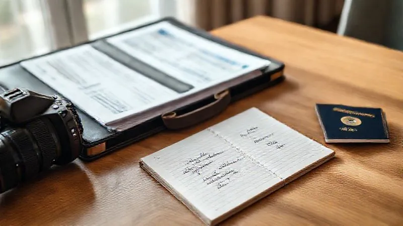 photorealistic, professional photography, 8K, cinematic lighting, sharp focus, depth of field, shot on a high-end DSLR, a neatly organized travel folder on a wooden desk, filled with printed booking confirmations, receipts, and a passport, a pen resting on a notepad with bullet points about 'lessons learned', soft daylight streaming from a window. photorealistic, professional photography, 8K, cinematic lighting, sharp focus, depth of field, shot on a high-end DSLR, a neatly organized travel folder on a wooden desk, filled with printed booking confirmations, receipts, and a passport, a pen resting on a notepad with bullet points about 'lessons learned', soft daylight streaming from a window.