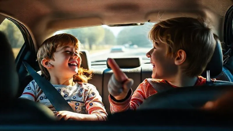 A vibrant, photorealistic image of two children, aged 6-10, in the backseat of a car, laughing and pointing out the window, engaged in a classic car game like 'I Spy' or the 'Alphabet Game'. No screens are visible. Cinematic lighting, sharp focus on their joyful faces, depth of field blurring the passing scenery, 8K hyper-detailed, professional photography, shot on a high-end DSLR, conveying a sense of fun and connection.