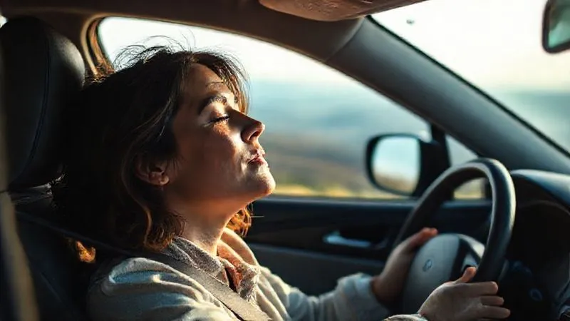 A photorealistic, close-up image of a parent (mother or father, gender ambiguous) in the driver's seat of a car, momentarily stopped at a scenic overlook, taking a slow, deep breath with eyes closed for a second. The background shows a peaceful landscape. Cinematic lighting, sharp focus on the parent's serene expression, depth of field blurring the background slightly, 8K hyper-detailed, professional photography, shot on a high-end DSLR, conveying a moment of calm and self-care amidst travel.