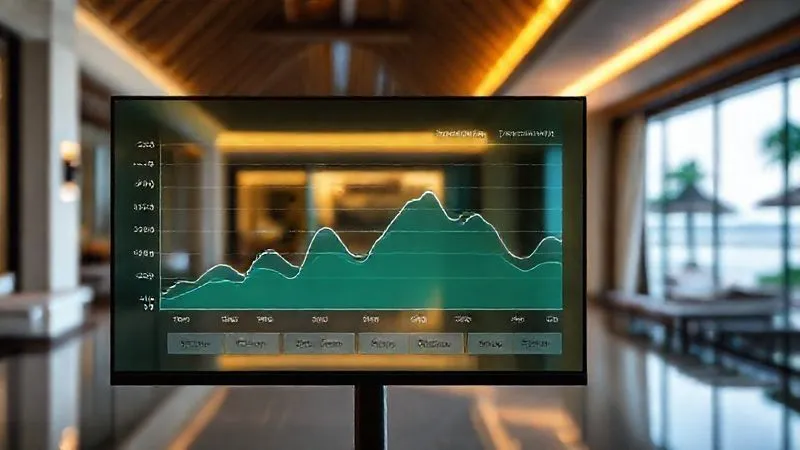 A photorealistic, professional photography image of a sophisticated digital display showing a dynamic pricing graph with fluctuating lines representing different room categories and demand levels for a luxury resort. Overlayed are subtle icons indicating value-added packages like 'spa included' or 'private dining'. The screen is clean and modern, with a soft glow. Cinematic lighting, sharp focus on the graph and icons, depth of field blurring a background of elegant resort architecture, 8K hyper-detailed, shot on a high-end DSLR.