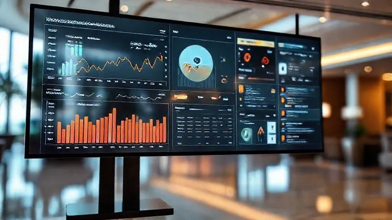 A photorealistic, professional photography image of a sophisticated digital dashboard displaying real-time sentiment analysis for a luxury resort. Graphs show positive and negative mentions, word clouds highlight key feedback terms, and a social media feed scrolls through recent posts and comments. The screen is subtly reflective of a serene, high-end resort lobby. Cinematic lighting, sharp focus on the dashboard interface, depth of field blurring the background, 8K hyper-detailed, shot on a high-end DSLR.