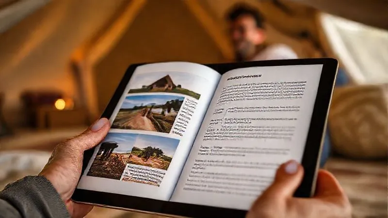Photorealistic, professional photography, 8K, cinematic lighting, sharp focus, depth of field, shot on a high-end DSLR. A beautifully designed digital pre-arrival guide displayed on a sleek tablet, open to a page showing stunning glamping site photography alongside clear, concise text outlining amenities and expectations. A couple is subtly visible in the background, looking excited and relaxed, preparing for their trip. Photorealistic, professional photography, 8K, cinematic lighting, sharp focus, depth of field, shot on a high-end DSLR. A beautifully designed digital pre-arrival guide displayed on a sleek tablet, open to a page showing stunning glamping site photography alongside clear, concise text outlining amenities and expectations. A couple is subtly visible in the background, looking excited and relaxed, preparing for their trip.
