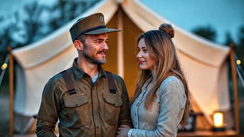 Photorealistic, professional photography, 8K, cinematic lighting, sharp focus, depth of field, shot on a high-end DSLR. A glamping site staff member, wearing a professional yet outdoorsy uniform, is empathetically listening to a romantic couple in front of their luxurious glamping tent. The staff member has a warm, understanding expression, demonstrating active listening and a readiness to assist. The couple looks slightly concerned but receptive. Photorealistic, professional photography, 8K, cinematic lighting, sharp focus, depth of field, shot on a high-end DSLR. A glamping site staff member, wearing a professional yet outdoorsy uniform, is empathetically listening to a romantic couple in front of their luxurious glamping tent. The staff member has a warm, understanding expression, demonstrating active listening and a readiness to assist. The couple looks slightly concerned but receptive.