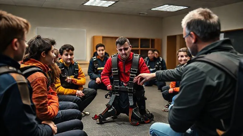 A photorealistic, professional photography, 8K, cinematic lighting, sharp focus, depth of field, shot on a high-end DSLR of a skydiving ground school classroom, students attentively gathered around a practice harness and mock-up rig, an experienced instructor pointing to a key component. The atmosphere is engaged and educational. A photorealistic, professional photography, 8K, cinematic lighting, sharp focus, depth of field, shot on a high-end DSLR of a skydiving ground school classroom, students attentively gathered around a practice harness and mock-up rig, an experienced instructor pointing to a key component. The atmosphere is engaged and educational.