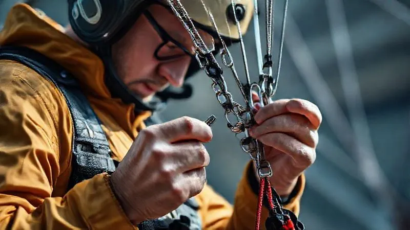 A photorealistic, professional photography, 8K, cinematic lighting, sharp focus, depth of field, shot on a high-end DSLR of a certified parachute rigger meticulously inspecting a newly returned student rig, using specialized tools and a checklist. The focus is on the rigger's hands and the intricate details of the gear, conveying precision and expertise. A photorealistic, professional photography, 8K, cinematic lighting, sharp focus, depth of field, shot on a high-end DSLR of a certified parachute rigger meticulously inspecting a newly returned student rig, using specialized tools and a checklist. The focus is on the rigger's hands and the intricate details of the gear, conveying precision and expertise.