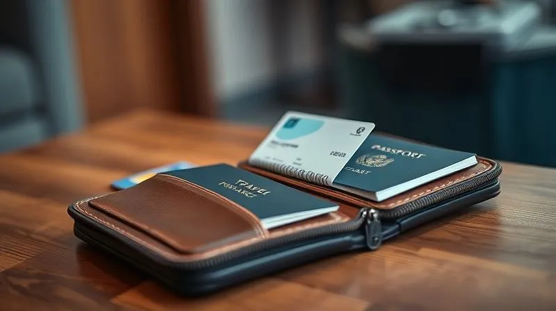 photorealistic, professional photography, 8K, cinematic lighting, sharp focus, depth of field, shot on a high-end DSLR. A neatly organized travel wallet open on a wooden table, showing a passport, travel insurance card, a small folded medical summary, and a credit card. The background is slightly blurred, suggesting a hotel room or airport lounge, conveying readiness and preparation. photorealistic, professional photography, 8K, cinematic lighting, sharp focus, depth of field, shot on a high-end DSLR. A neatly organized travel wallet open on a wooden table, showing a passport, travel insurance card, a small folded medical summary, and a credit card. The background is slightly blurred, suggesting a hotel room or airport lounge, conveying readiness and preparation.