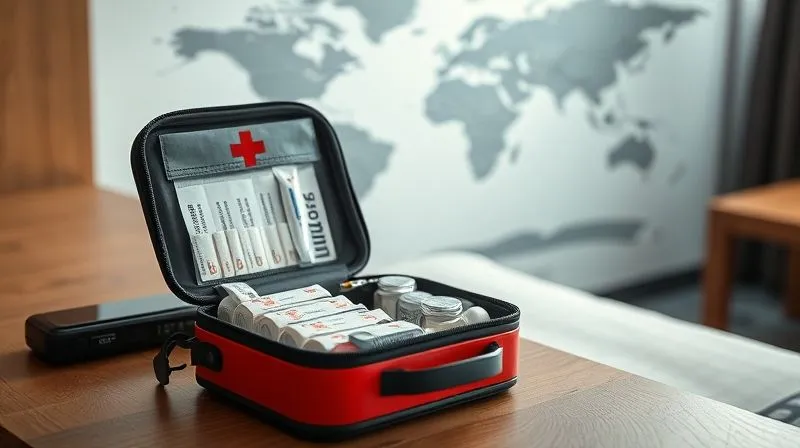 photorealistic, professional photography, 8K, cinematic lighting, sharp focus, depth of field, shot on a high-end DSLR. A compact, well-organized travel first-aid kit laid open on a minimalist hotel room desk, showing neatly packed bandages, small bottles of medication, and a thermometer. A blurred map of the world is visible in the background, conveying preparedness for international travel. photorealistic, professional photography, 8K, cinematic lighting, sharp focus, depth of field, shot on a high-end DSLR. A compact, well-organized travel first-aid kit laid open on a minimalist hotel room desk, showing neatly packed bandages, small bottles of medication, and a thermometer. A blurred map of the world is visible in the background, conveying preparedness for international travel.