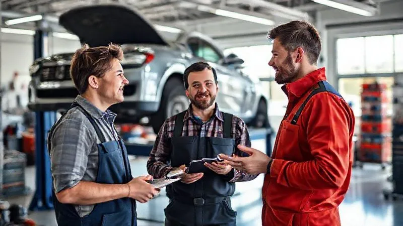 A photorealistic, professional photography image inside a clean, modern auto repair shop, a friendly mechanic explaining a repair to a traveler who looks engaged and understanding, a car on a lift in the background, cinematic lighting, sharp focus on the interaction, depth of field blurring the tools, 8K hyper-detailed. A photorealistic, professional photography image inside a clean, modern auto repair shop, a friendly mechanic explaining a repair to a traveler who looks engaged and understanding, a car on a lift in the background, cinematic lighting, sharp focus on the interaction, depth of field blurring the tools, 8K hyper-detailed.
