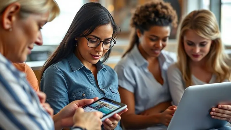 A photorealistic, professional photography, 8K, cinematic lighting, sharp focus, depth of field, shot on a high-end DSLR, of a diverse group of people, each looking at a different device (phone, tablet, laptop) displaying tailored advertisements for a themed cruise, with a subtle overlay of demographic data representing targeted marketing and messaging.