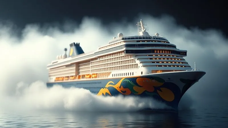 A photorealistic, professional photography, 8K, cinematic lighting, sharp focus, depth of field, shot on a high-end DSLR, of a beautifully redesigned cruise ship model emerging from a misty background, with vibrant new branding and a sense of renewed purpose, symbolizing a strategic relaunch and fresh start for a themed cruise.