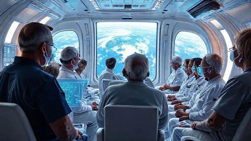 photorealistic, professional photography, 8K, cinematic lighting, sharp focus, depth of field, shot on a high-end DSLR. A sophisticated medical bay inside a futuristic orbital hotel, with a transparent wall overlooking Earth. A diverse group of people, some appearing older, are undergoing non-invasive health scans, with holographic displays showing biometric data. The scene emphasizes health monitoring and the ethical considerations of extended space stays. photorealistic, professional photography, 8K, cinematic lighting, sharp focus, depth of field, shot on a high-end DSLR. A sophisticated medical bay inside a futuristic orbital hotel, with a transparent wall overlooking Earth. A diverse group of people, some appearing older, are undergoing non-invasive health scans, with holographic displays showing biometric data. The scene emphasizes health monitoring and the ethical considerations of extended space stays.