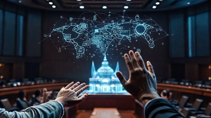 photorealistic, professional photography, 8K, cinematic lighting, sharp focus, depth of field, shot on a high-end DSLR. A holographic display in a futuristic courtroom setting, showing a complex, interconnected web of legal documents and treaties shimmering above a representation of an orbital hotel. Hands, diverse in ethnicity, are subtly reaching towards the holographic display, symbolizing international collaboration and the evolving nature of space law. photorealistic, professional photography, 8K, cinematic lighting, sharp focus, depth of field, shot on a high-end DSLR. A holographic display in a futuristic courtroom setting, showing a complex, interconnected web of legal documents and treaties shimmering above a representation of an orbital hotel. Hands, diverse in ethnicity, are subtly reaching towards the holographic display, symbolizing international collaboration and the evolving nature of space law.