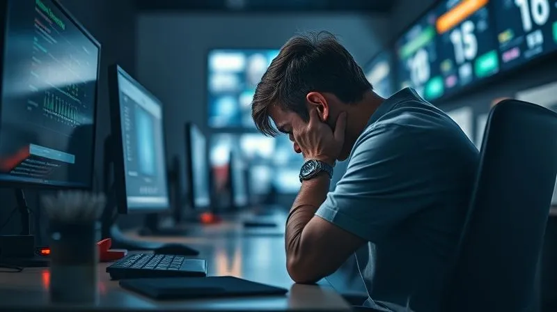 A photorealistic image of a person sitting hunched at a desk, head in hands, surrounded by glowing digital screens, cinematic lighting, sharp focus on the person, depth of field blurring the background, conveying exhaustion and overwhelm. Professional photography, 8K. A photorealistic image of a person sitting hunched at a desk, head in hands, surrounded by glowing digital screens, cinematic lighting, sharp focus on the person, depth of field blurring the background, conveying exhaustion and overwhelm. Professional photography, 8K.