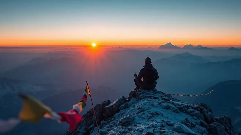A photorealistic image of a lone trekker meditating on a mountain peak in the Himalayas at sunrise, prayer flags gently fluttering in the foreground, cinematic lighting, sharp focus on the trekker, depth of field blurring the distant peaks, conveying profound peace and solitude. Professional photography, 8K. A photorealistic image of a lone trekker meditating on a mountain peak in the Himalayas at sunrise, prayer flags gently fluttering in the foreground, cinematic lighting, sharp focus on the trekker, depth of field blurring the distant peaks, conveying profound peace and solitude. Professional photography, 8K.