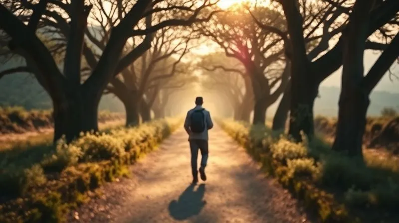 A photorealistic image of a person walking along the dirt path of the Camino de Santiago, morning light filtering through ancient trees, a scallop shell symbol visible, sharp focus on the path ahead, depth of field blurring the distant landscape, conveying perseverance and hope. Professional photography, 8K. A photorealistic image of a person walking along the dirt path of the Camino de Santiago, morning light filtering through ancient trees, a scallop shell symbol visible, sharp focus on the path ahead, depth of field blurring the distant landscape, conveying perseverance and hope. Professional photography, 8K.