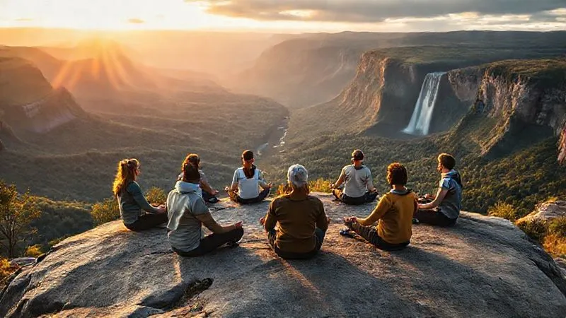 photorealistic, professional photography, 8K, cinematic lighting, sharp focus, depth of field, shot on a high-end DSLR, a diverse group of executives in comfortable, high-quality outdoor gear, sitting in a circle on a flat rock overlooking a vast, lush valley at sunset, engaged in quiet meditation, a sense of peace and deep connection among them, soft golden light, a distant waterfall.