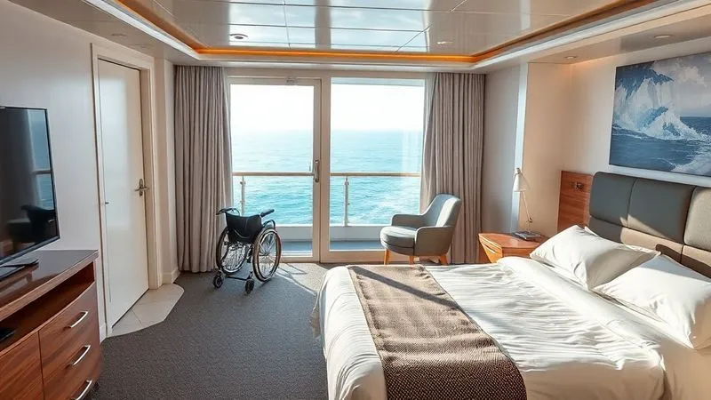 photorealistic, professional photography, 8K, cinematic lighting, sharp focus, depth of field, shot on a high-end DSLR. A spacious, modern cruise ship stateroom designed for wheelchair accessibility, featuring wide doorways, a roll-in shower, and adjustable height bed, with a large window overlooking the ocean, bathed in soft morning light.