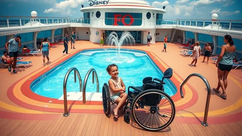 photorealistic, professional photography, 8K, cinematic lighting, sharp focus, depth of field, shot on a high-end DSLR. A vibrant, accessible pool deck on a Disney cruise ship, with a child in a wheelchair happily interacting with a Disney character, ramps leading to splash areas, and families enjoying the inclusive atmosphere.