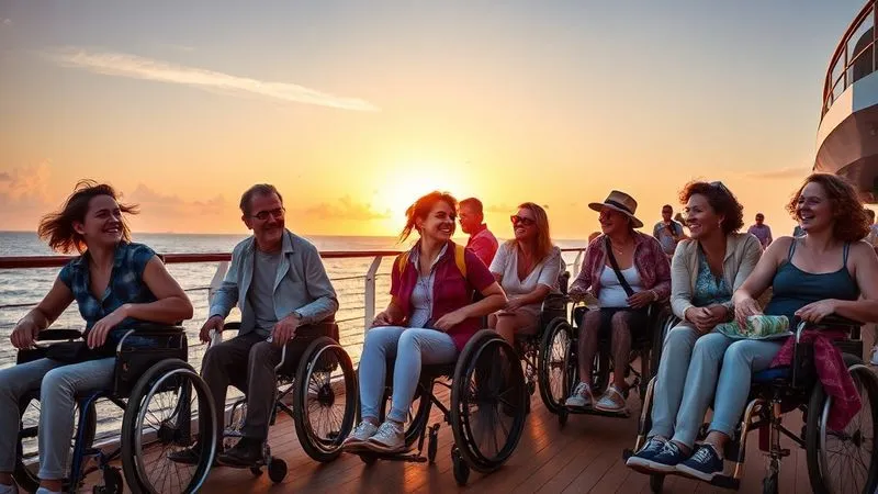 photorealistic, professional photography, 8K, cinematic lighting, sharp focus, depth of field, shot on a high-end DSLR. A diverse group of travelers, including individuals using wheelchairs and other mobility aids, laughing and enjoying a beautiful sunset on a cruise ship deck, with accessible railings and ample space, conveying joy and inclusivity.