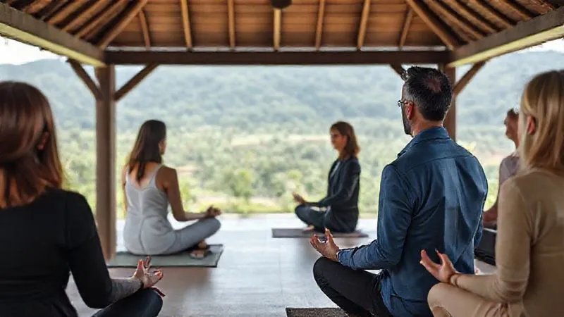 Photorealistic professional photography of a diverse group of executives practicing guided meditation in a serene, open-air pavilion overlooking a lush, tranquil landscape at a luxury wellness resort. The scene is bathed in soft, natural light, with sharp focus on their calm expressions and depth of field blurring the background. 8K hyper-detailed, cinematic lighting. Photorealistic professional photography of a diverse group of executives practicing guided meditation in a serene, open-air pavilion overlooking a lush, tranquil landscape at a luxury wellness resort. The scene is bathed in soft, natural light, with sharp focus on their calm expressions and depth of field blurring the background. 8K hyper-detailed, cinematic lighting.
