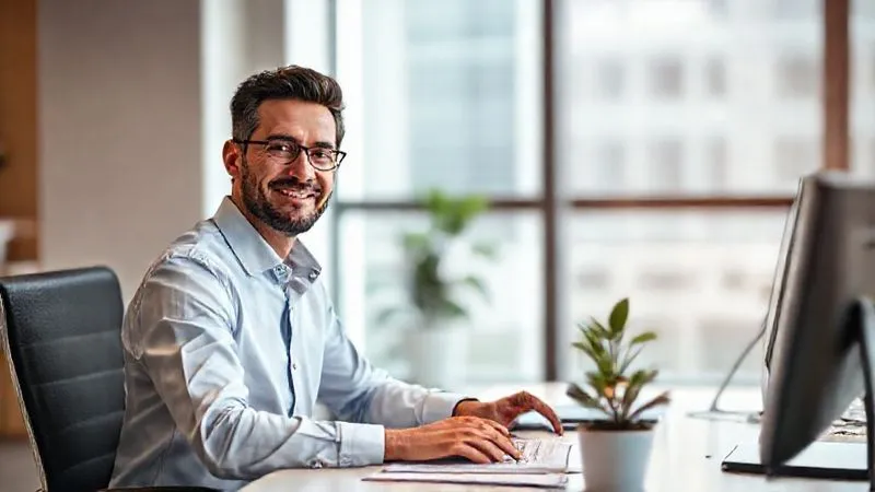 Photorealistic professional photography of an executive looking refreshed and focused, working calmly at a clean, minimalist desk in a modern office, a small potted plant adding a touch of nature. The executive is smiling subtly, radiating a sense of well-being and control. Cinematic lighting, sharp focus on the executive, depth of field blurring the background. 8K hyper-detailed. Photorealistic professional photography of an executive looking refreshed and focused, working calmly at a clean, minimalist desk in a modern office, a small potted plant adding a touch of nature. The executive is smiling subtly, radiating a sense of well-being and control. Cinematic lighting, sharp focus on the executive, depth of field blurring the background. 8K hyper-detailed.