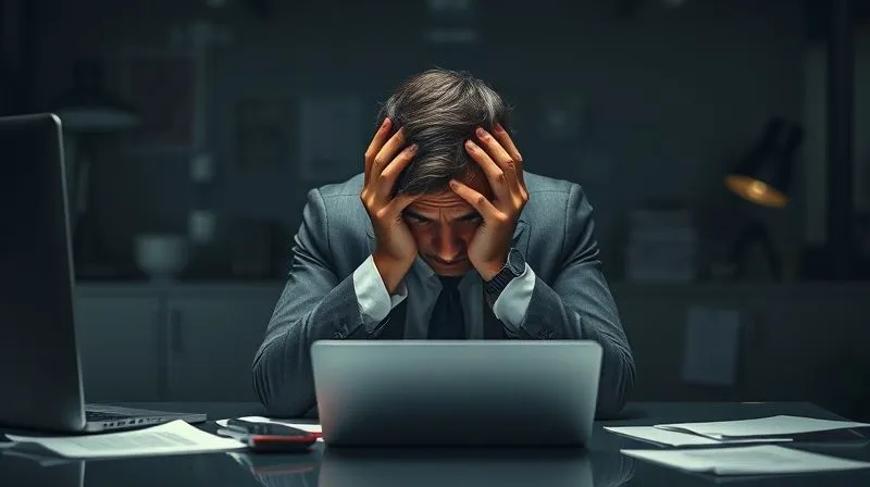 Photorealistic image of a visibly stressed executive, head in hands at a sleek, minimalist desk, surrounded by dimly lit office environment, papers scattered. The scene is slightly desaturated, emphasizing the exhaustion. Professional photography, 8K, cinematic lighting, sharp focus on the executive, depth of field.