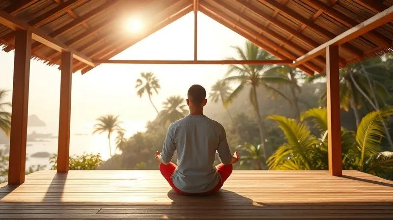Photorealistic image of a serene individual meditating in a sun-drenched, open-air pavilion overlooking a lush, tropical landscape or calm ocean. The setting is luxurious yet natural. Professional photography, 8K, cinematic lighting, sharp focus, depth of field.