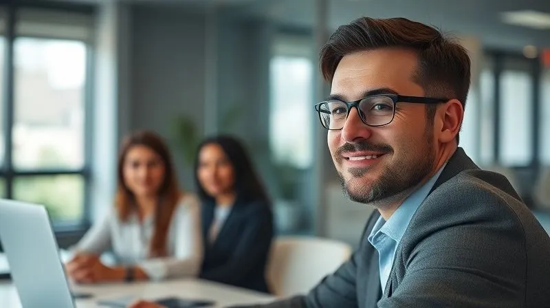 Photorealistic image of an executive, now looking refreshed and confident, leading a team meeting with a calm, focused demeanor. The office environment is bright and collaborative. Professional photography, 8K, cinematic lighting, sharp focus, depth of field.