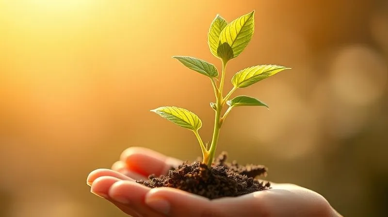 Photorealistic image of a thriving, vibrant plant sprouting from a single seed held gently in a hand, symbolizing growth, investment, and flourishing well-being. The background is a soft, warm glow. Professional photography, 8K, cinematic lighting, sharp focus, depth of field.
