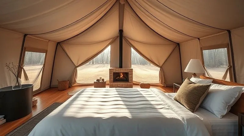 photorealistic, professional photography, 8K, cinematic lighting, sharp focus, depth of field, shot on a high-end DSLR, a beautifully designed glamping tent interior, featuring a plush king-size bed with crisp white linens, a warm, inviting fireplace, and a private, spa-like en-suite bathroom visible, all within a natural, elegant setting, soft morning light streaming in. photorealistic, professional photography, 8K, cinematic lighting, sharp focus, depth of field, shot on a high-end DSLR, a beautifully designed glamping tent interior, featuring a plush king-size bed with crisp white linens, a warm, inviting fireplace, and a private, spa-like en-suite bathroom visible, all within a natural, elegant setting, soft morning light streaming in.