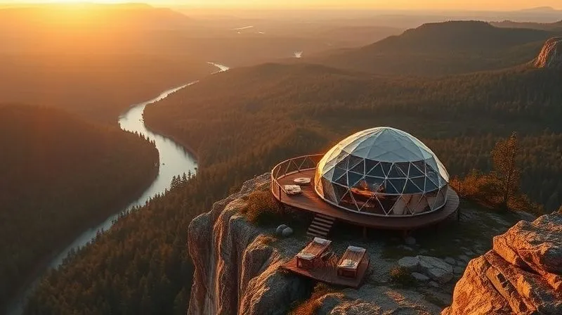 photorealistic, professional photography, 8K, cinematic lighting, sharp focus, depth of field, shot on a high-end DSLR, a secluded, luxurious glamping dome nestled on a cliff edge overlooking a vast, pristine forest and a winding river, the scene bathed in the golden light of sunset, emphasizing extreme privacy and a unique, breathtaking view, emotionally resonant. photorealistic, professional photography, 8K, cinematic lighting, sharp focus, depth of field, shot on a high-end DSLR, a secluded, luxurious glamping dome nestled on a cliff edge overlooking a vast, pristine forest and a winding river, the scene bathed in the golden light of sunset, emphasizing extreme privacy and a unique, breathtaking view, emotionally resonant.