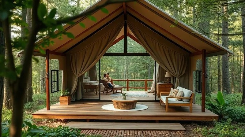 photorealistic, professional photography, 8K, cinematic lighting, sharp focus, depth of field, shot on a high-end DSLR, a beautifully designed, eco-friendly glamping tent blending seamlessly into a lush forest, with natural wood elements, large windows opening to the trees, and a private outdoor deck with comfortable seating, emphasizing sustainable design and genuine connection to nature, emotionally resonant. photorealistic, professional photography, 8K, cinematic lighting, sharp focus, depth of field, shot on a high-end DSLR, a beautifully designed, eco-friendly glamping tent blending seamlessly into a lush forest, with natural wood elements, large windows opening to the trees, and a private outdoor deck with comfortable seating, emphasizing sustainable design and genuine connection to nature, emotionally resonant.