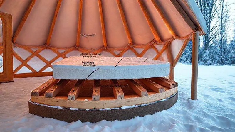 A detailed cross-section diagram of a glamping yurt's elevated, insulated floor system, showing layers of rigid foam insulation, a vapor barrier, floor joists, and perimeter skirting, set against a backdrop of snow, photorealistic, professional photography, 8K, cinematic lighting, sharp focus, depth of field, shot on a high-end DSLR. A detailed cross-section diagram of a glamping yurt's elevated, insulated floor system, showing layers of rigid foam insulation, a vapor barrier, floor joists, and perimeter skirting, set against a backdrop of snow, photorealistic, professional photography, 8K, cinematic lighting, sharp focus, depth of field, shot on a high-end DSLR.