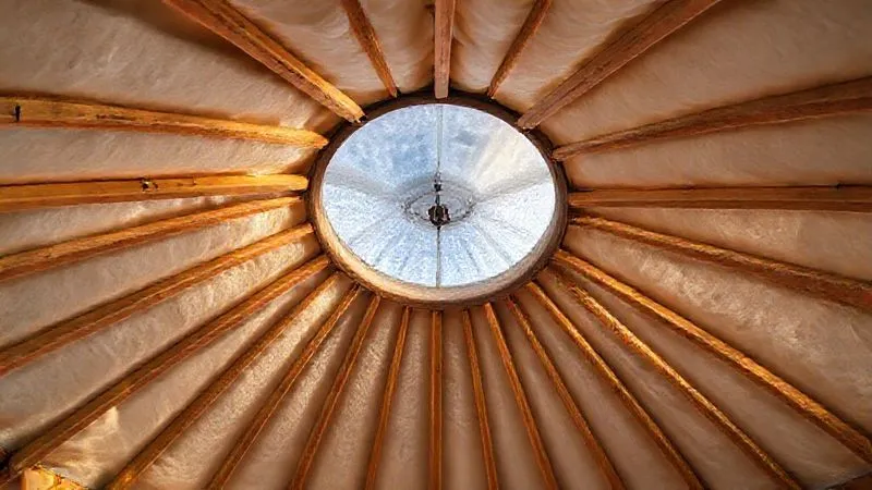 A close-up interior shot of a glamping yurt's roof structure, showing reinforced rafters, a robust compression ring, and multiple visible layers of insulation material, with a clear, double-paned dome allowing a glimpse of a frosty sky, photorealistic, professional photography, 8K, cinematic lighting, sharp focus, depth of field, shot on a high-end DSLR. A close-up interior shot of a glamping yurt's roof structure, showing reinforced rafters, a robust compression ring, and multiple visible layers of insulation material, with a clear, double-paned dome allowing a glimpse of a frosty sky, photorealistic, professional photography, 8K, cinematic lighting, sharp focus, depth of field, shot on a high-end DSLR.
