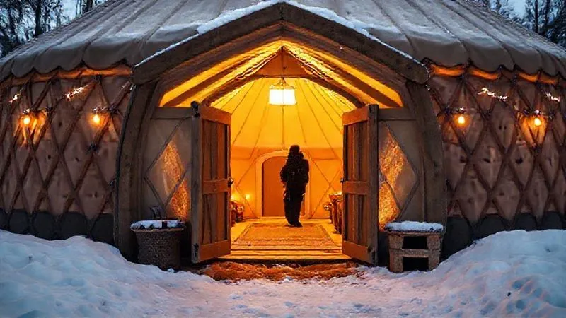 An exterior shot of a robust glamping yurt entrance, featuring a well-designed, insulated vestibule or mudroom structure, with a guest entering, snow on the ground, warm light spilling from the interior, photorealistic, professional photography, 8K, cinematic lighting, sharp focus on the vestibule, depth of field blurring the yurt beyond, shot on a high-end DSLR. An exterior shot of a robust glamping yurt entrance, featuring a well-designed, insulated vestibule or mudroom structure, with a guest entering, snow on the ground, warm light spilling from the interior, photorealistic, professional photography, 8K, cinematic lighting, sharp focus on the vestibule, depth of field blurring the yurt beyond, shot on a high-end DSLR.